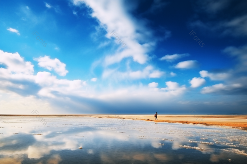 蓝天白云清新干净湖面天地之间茶卡盐湖自然景观摄影,高清,摄影图,摄影图片,图片大全,摄影图免费下载